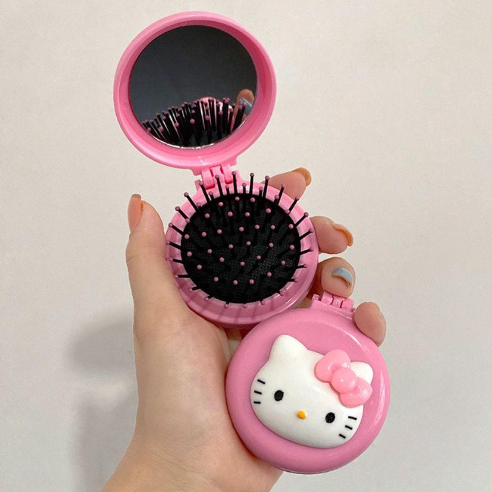 [Elegan] Sisir Bantal Udara Dengan Cermin Portabel Gadis Kreatif Beruang Pink Sisir Rambut Lipat