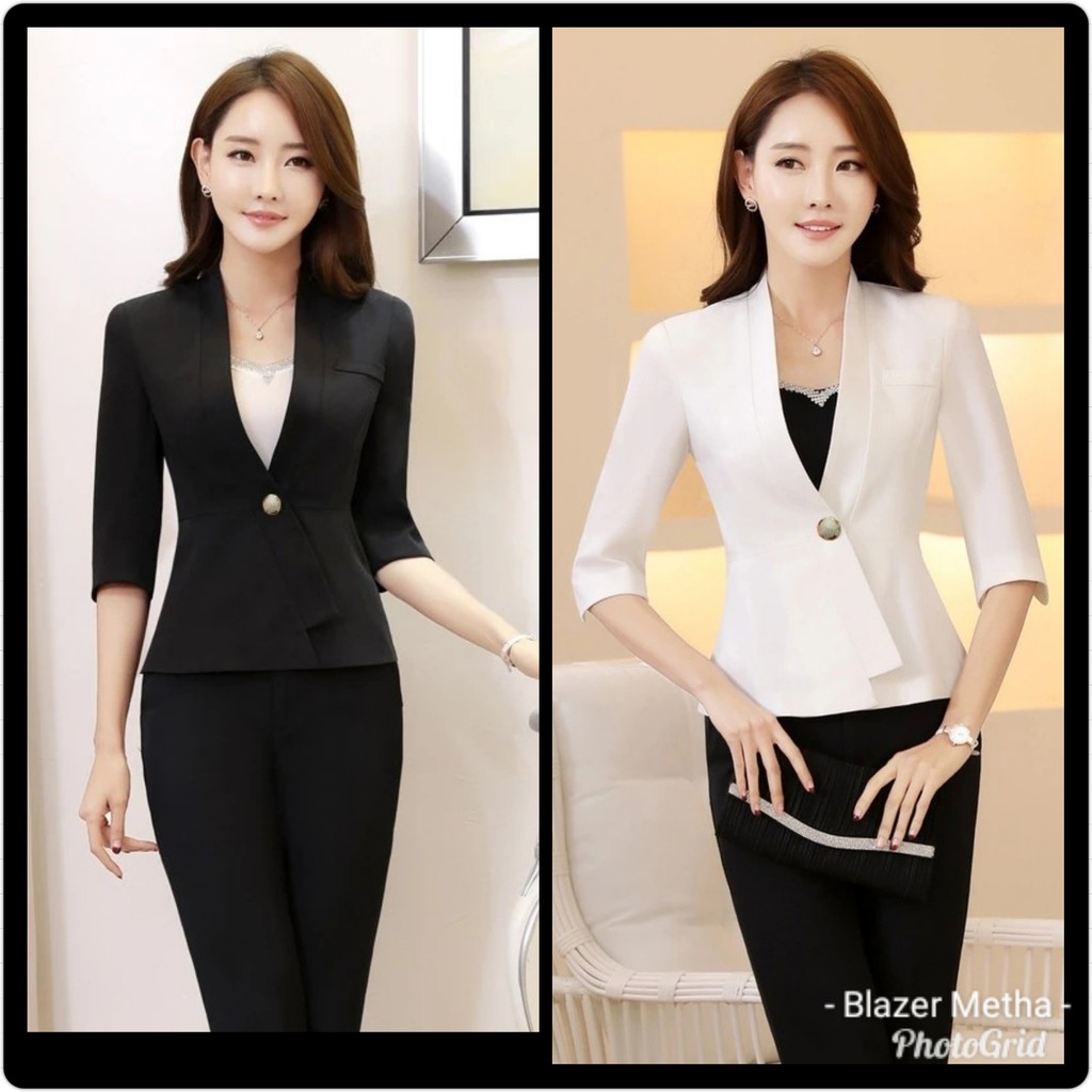 Baju Wanita  Blazer Wanita Gaya Korea Tangan 7/8 Variasi Kancing Emas Metha - Putih, M