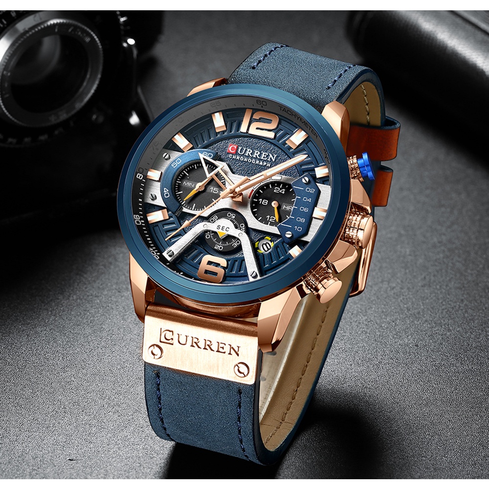 CURREN Jam Tangan Pria Quartz Chronograph Mewah Anti Air dengan Strap Kulit Sport Militer Watch BEST SELLER