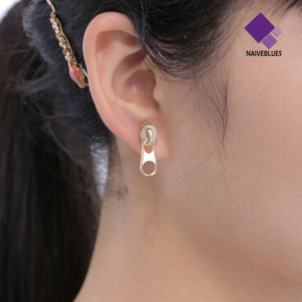 Anting Stud Bentuk Ritsleting Bahan Metal Gaya Rock Untuk Wanita