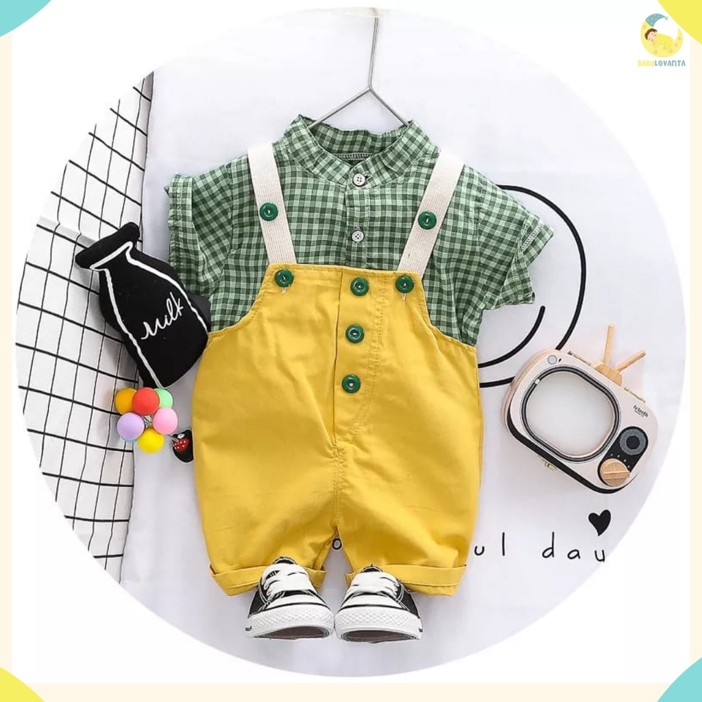 BABYLOVANTA- Setelan kodok impor korea/ baju baby impor premium Motif YELLOW GREEN baju baby 0-4 tahun