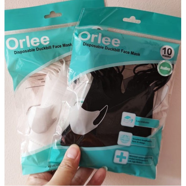 Masker Duckbill Orlee Earloop Putih dan Hitam Isi 10 Pcs