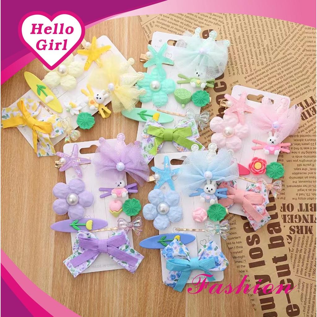 (Hello Girl)F161 Set Jepit Rambut 1Set 8pcs Jepit Rambut Motif Unik Import