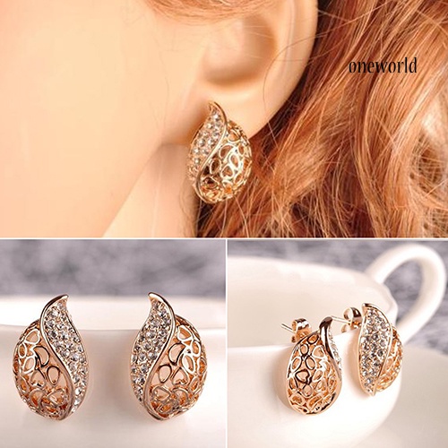 OW@ 1 Pair Fashion Women's Lady Hollow Leaf Rhinestone Ear Stud Earrings Golden Tone