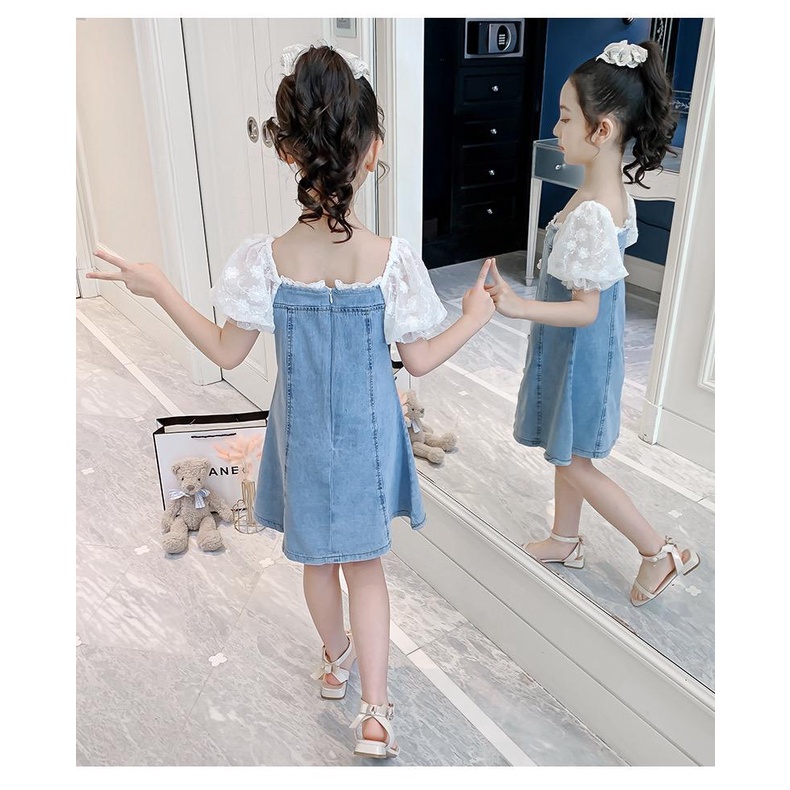 Dress Denim Anak Perempuan Import Motif Bunga Putih Mutiara