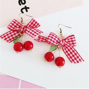 Anting Korea Wanita Kekinian Red Cherry Pita Kotak-kotak