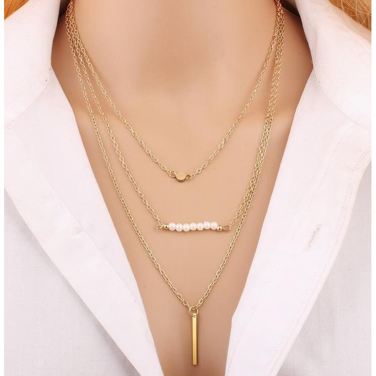 Kalung Rantai Tumpuk Wanita 3 Layers C135 PEARL Korea Fashion Women Necklace Alloy Multilayer