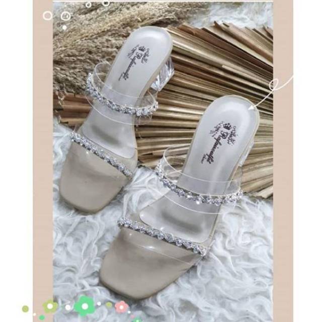 Sandal wanita double cream sandal wanita kaca 5cm