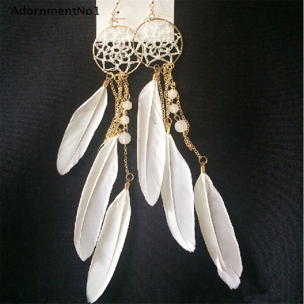 (AdornmentNo1) Anting Gantung Panjang Kait Gaya Etnik Bohemia Motif Dream Catcher Aksen Bulu + Manik-Manik Untuk Wanita