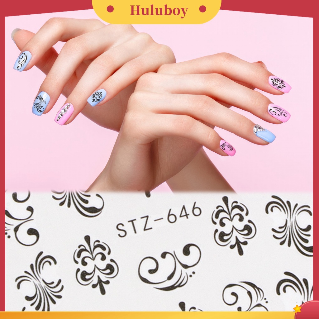 Huluboy Huluboy♡ Stiker Kuku Motif Bunga Warna Hitam Untuk Salon