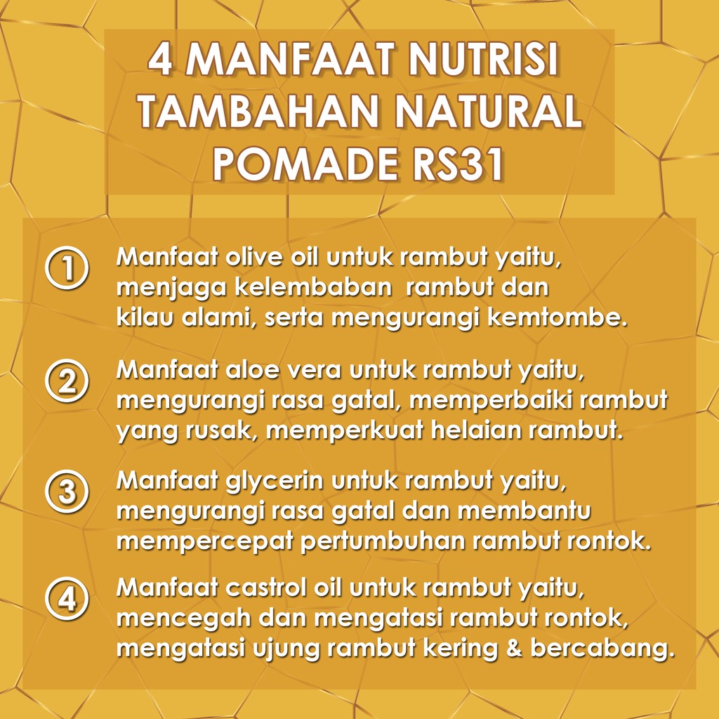 Pomade Alami dari RS31 isi 200 gr  water based pomade untuk tampilan klimis berkilau sepanjang hari.