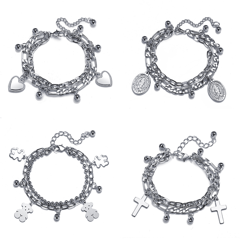 Gelang Multilayer Desain Beruang Salib Hati Warna Silver Gaya Korea Untuk Pasangan