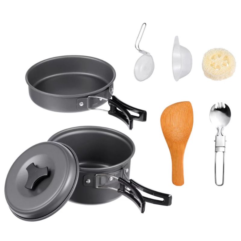 Panci Masak Camping Portable Peralatan Masak Camping Outdoor Panci Masak Cooking Set Outdoor 8 pcs