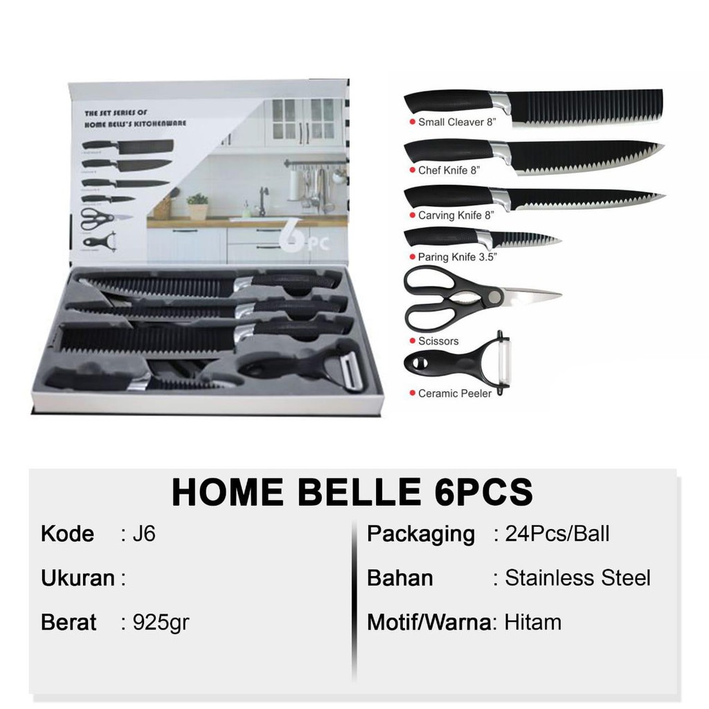 Knife Set 6 pcs / Pisau Dapur Set / Set Pisau Stainless Steel Black J6 Premium