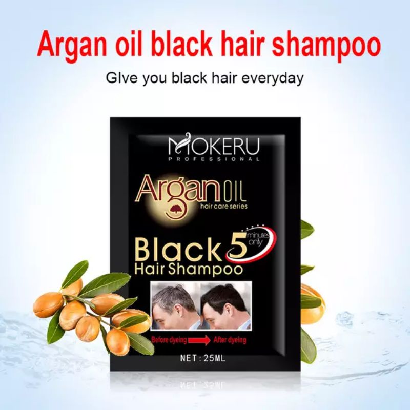 MOKERU Argan Oil Herbal, Perwarna Rambut Hitam gelap, dalam kemasan Ekonomis 25ml, untuk Wanita dan pria, menutup Rambut beruban