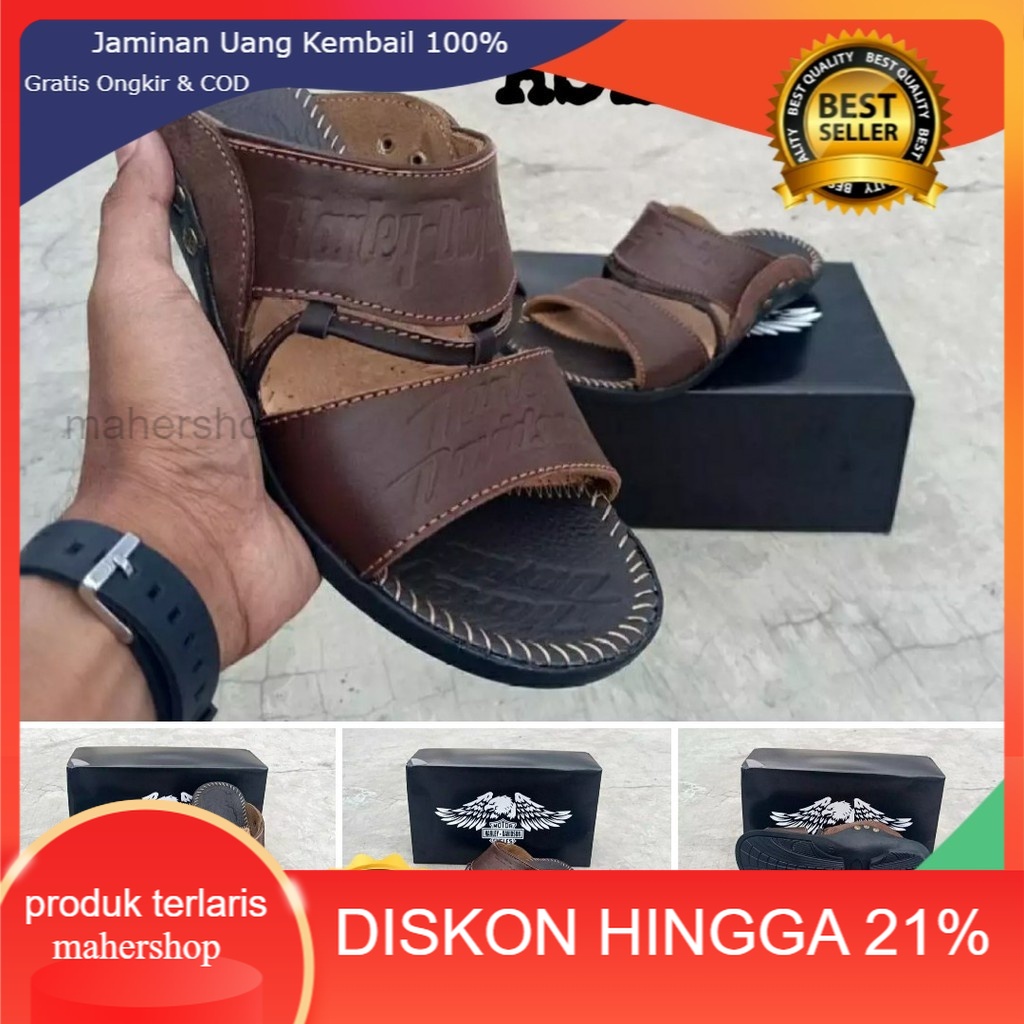 SANDAL KULIT PRIA HARLEY BLACK BROWN TAN KULIT SAPI ASLI ORIGINAL HANDMADE BANDUNG KASUAL SANTAI  Sa