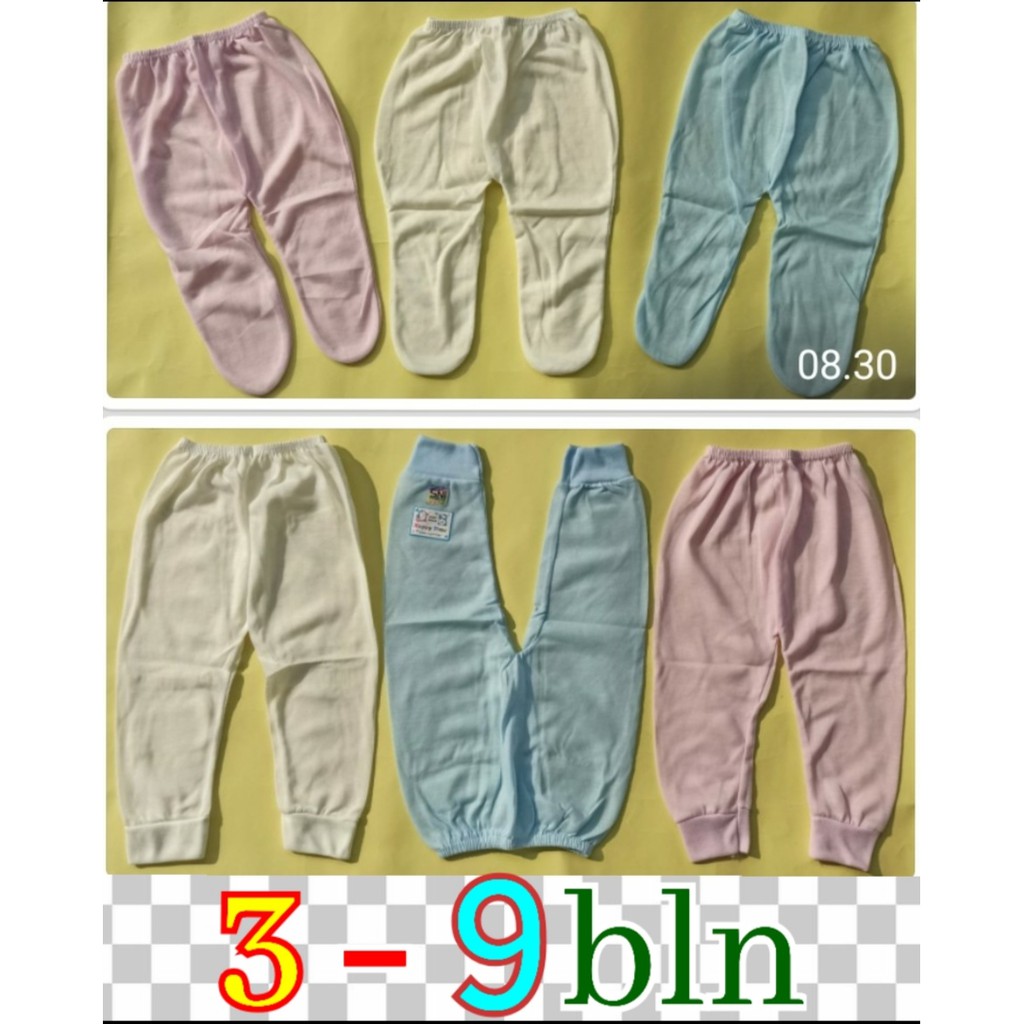 Happy Time ~ 6 Pcs Celana Panjang ( Buka &amp; Tutup Kaki ) 3 Warna Polos SNI, 1 - 9 bulan One Size.