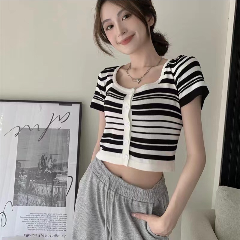 Korean Stripe Button Cropped Short Sleeve T-Shirt Atasan Wanita Motif Garis - Garis 2062