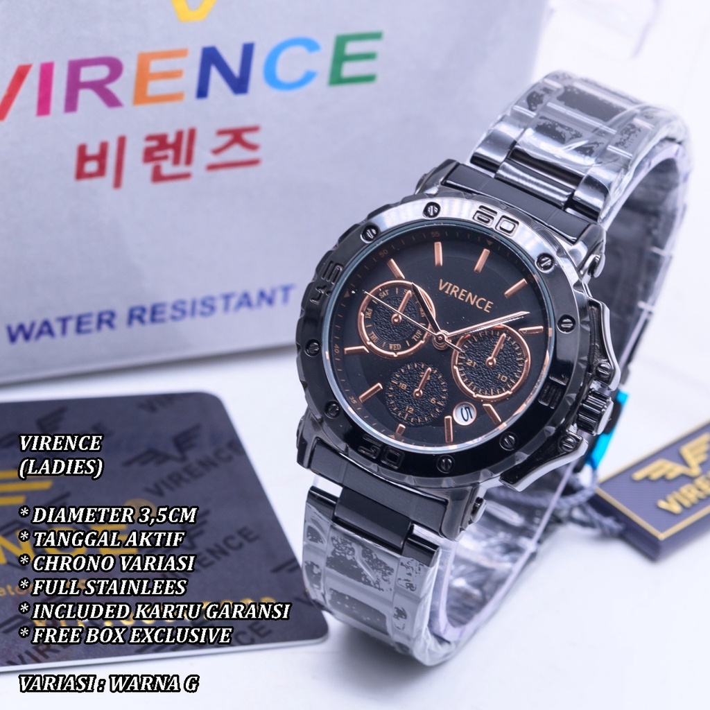 (FREE BOX) JAM TANGAN WANITA VIRENCE RANTAI BODY BULAT TANGGAL AKTIF CHRONO VARIASI