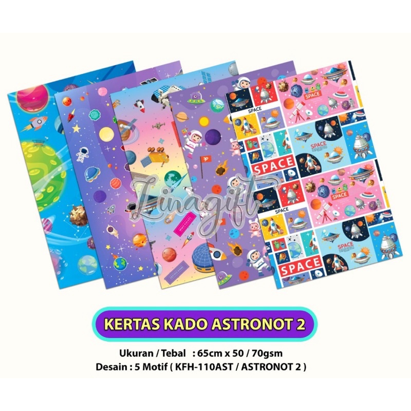 ( 5 Lembar ) KERTAS KADO SQ DOFF - GIFT WRAPPING PAPER ASTRONUT / SPACE / ROCKET / ALIEN / MOON / PLANET / UNIVERSE / GALAXY SEMI DOFF