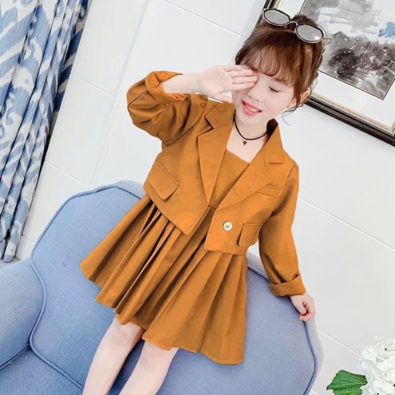 Setelan Baju Anak Perempuan Usia 4 5 6 7 Tahun-Set Dress Tanktop Blazer Anak Cewek Kekinian New Mura