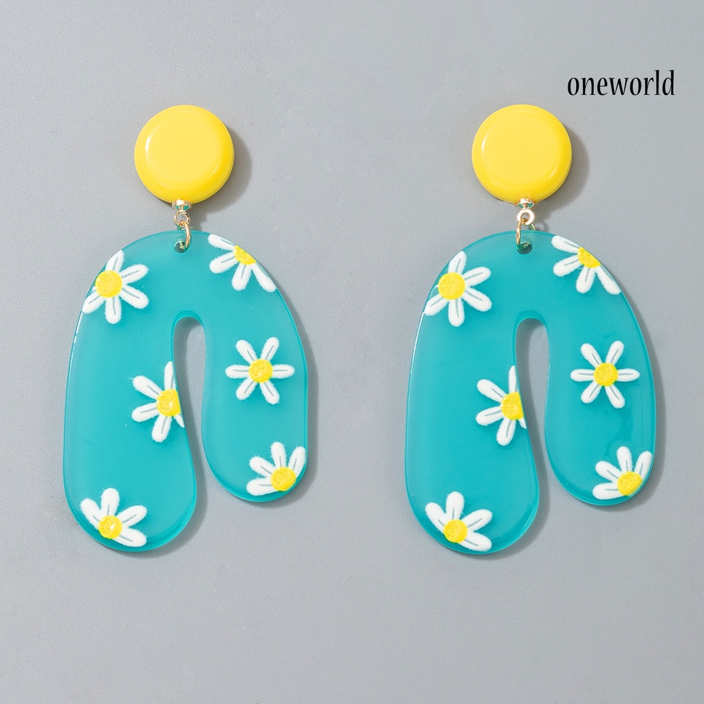 OW# Childlike Printed Flower Bird Pattern Resin Dangle Acrylic Ear Stud Earrings