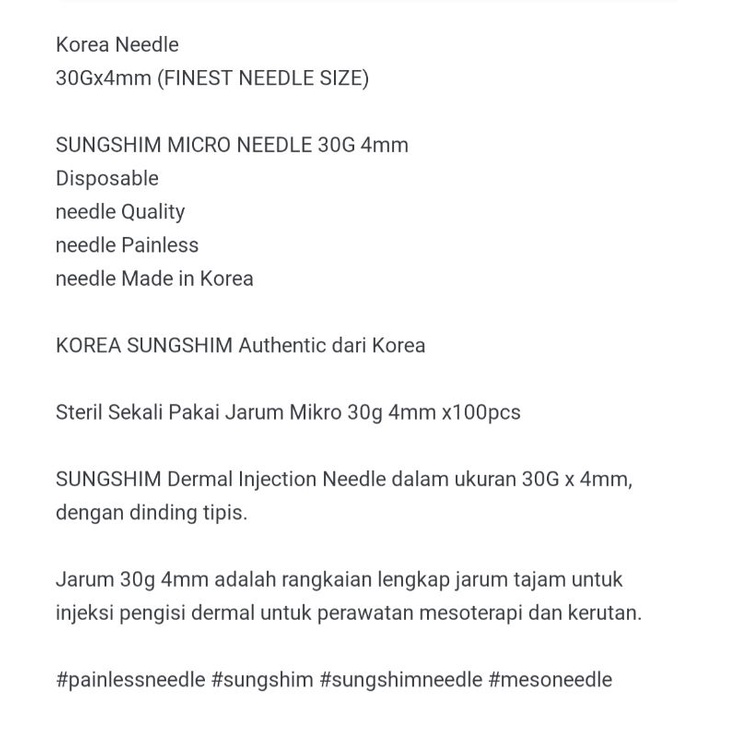 Sungshim Messo Needle 30g x 4mm Ecer 1 Jarum