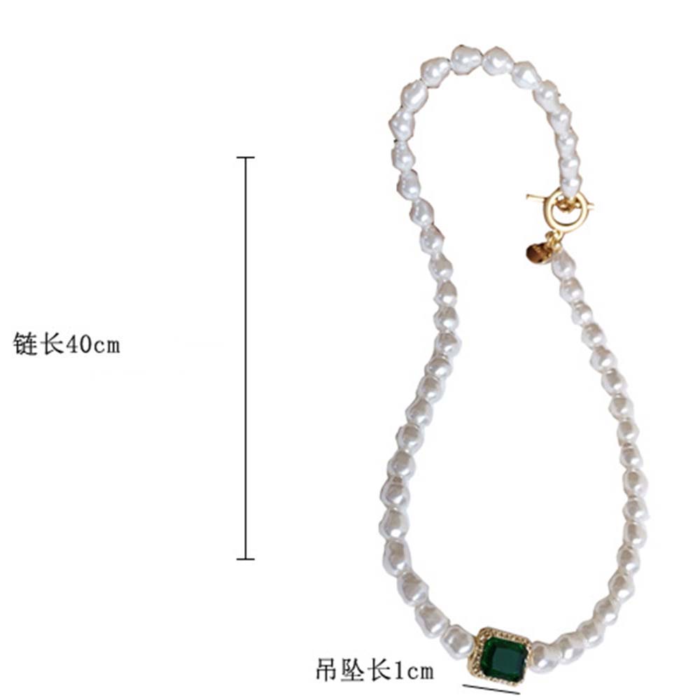 Needway  Fashion Collarbone Chain Elegant Pearl Bracelet Green Glass Necklace Small Fresh Korean Female Sweet Square Retro Choker