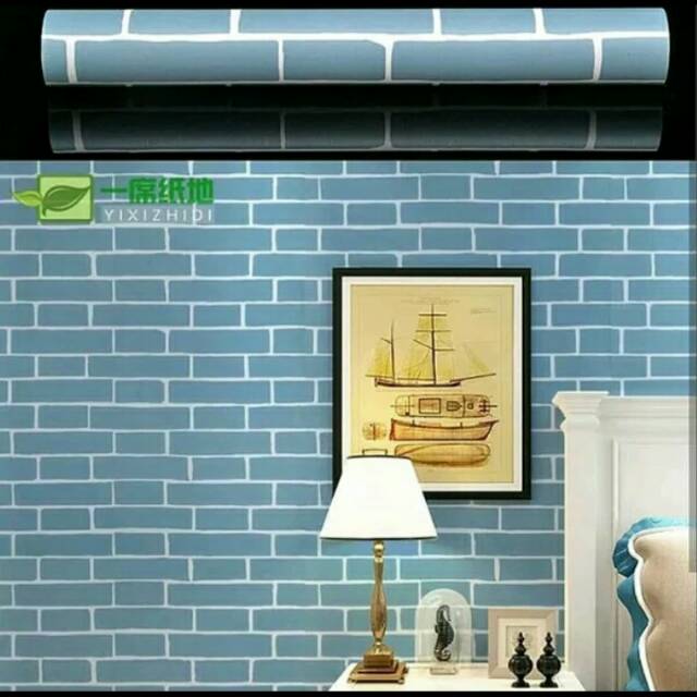 Wallpaper Dinding Motif Bata Biru List Putih Shopee Indonesia