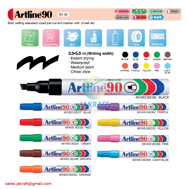 

(1 Pcs) Spidol Permanen ARTLINE Permanent Marker EK-90 Flat Style Anti Air 2.0~5.0 mm Warna Lengkap
