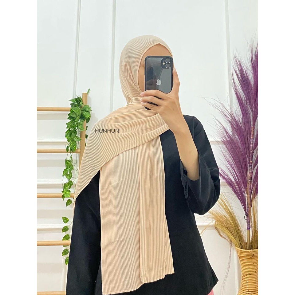 (Full Plisket Ceruty) Pashmina Pasmina Plisket Lidi Premium/ Fatin Jilbab Pasmina-FULL CERUTY (B) KREM