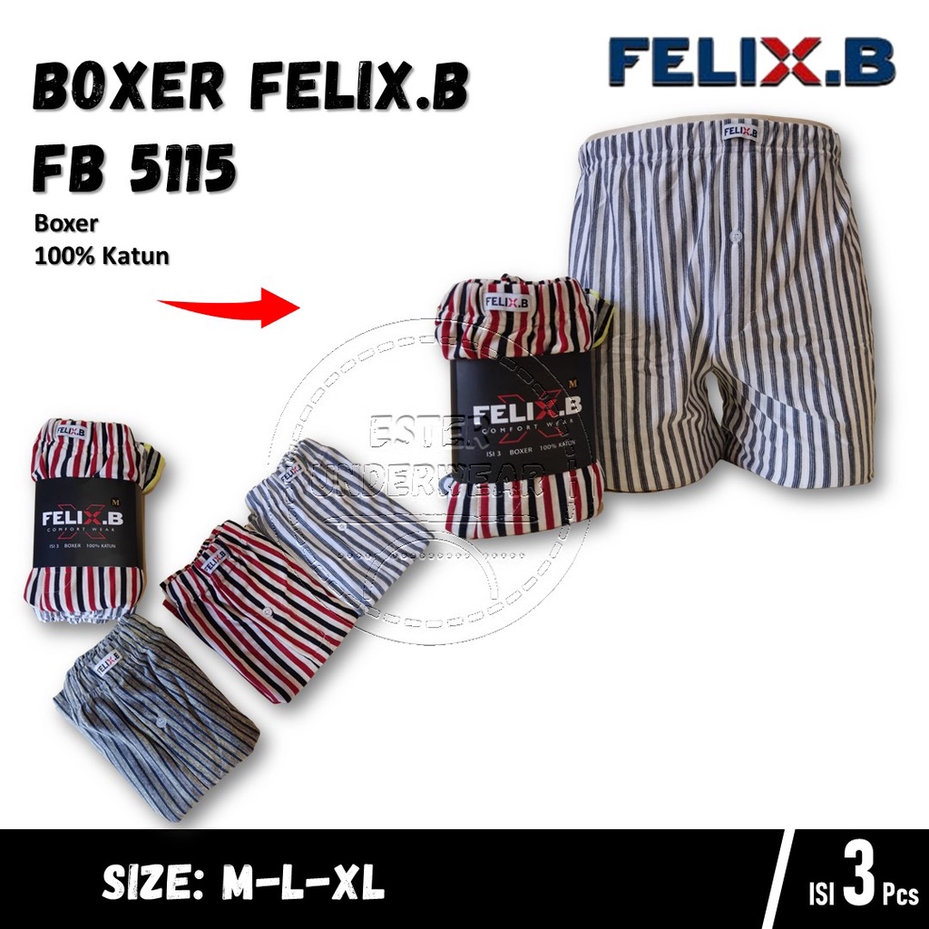 Felix.B Celana Boxer Pria FB 5115 ISI 3Pcs Motif Salur