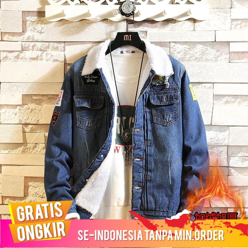 Outerwear Pria Jaket Denim Pria Bulu Berlapis Slim Fit Imitasi Domba Wol Denim Katun Mantel Jaket Ka