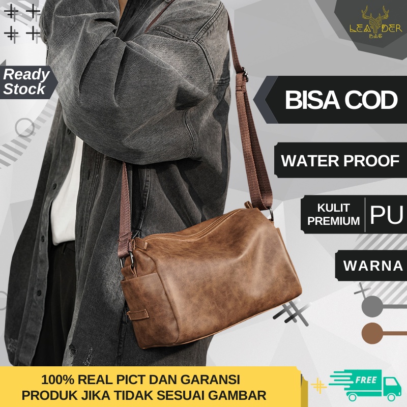 Tas Selempang Kulit Pria Original Import Warna Coklat Atau Sling Bag Anti Air Cowok Vintage Retro Terbaru PILIP B65