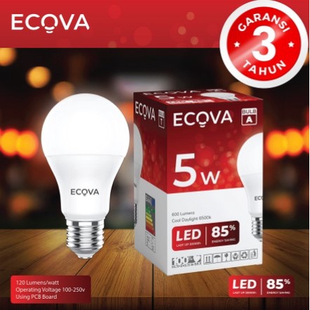 ECOVA Lampu LED Bohlam 5W 5 Watt 5 Watt Putih E27 Bulb A GARANSI