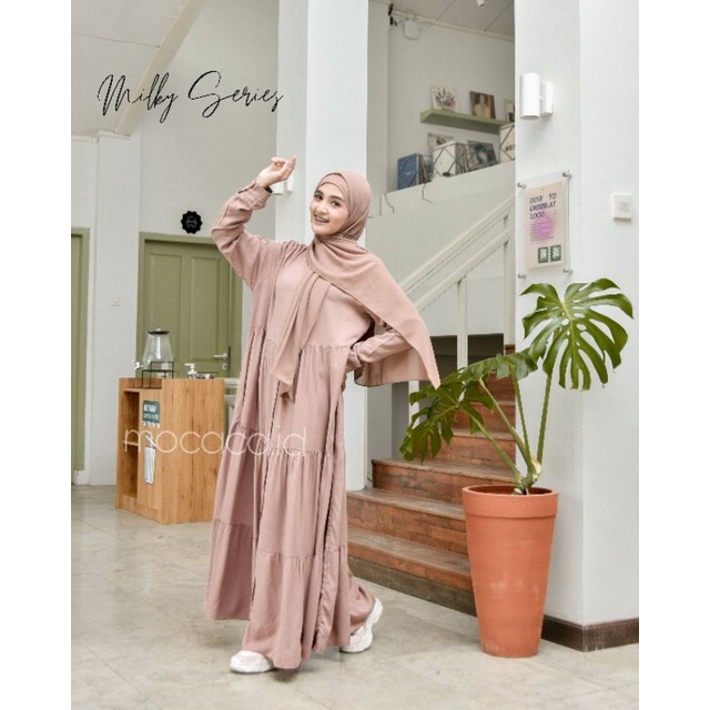 Dress Polo Lady katun Rayon Twill Premium busui wudhu friendly full kancing jumbo cokelat caramel