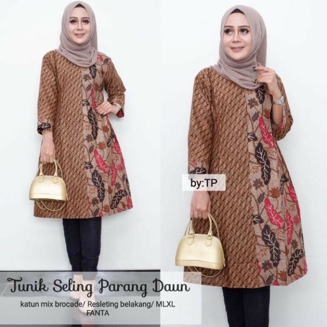 Tunik Batik Mode Seling Motif Parang Daun Baju Kantoran Wanita Casual Formal Katun Halus Warna Kece