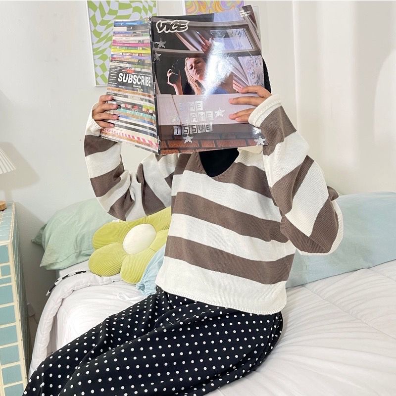 CROP RAJUT FUJI STRIP READY GARIS OVERSIZE | BLOUSE RAJUT MOTIF GARIS