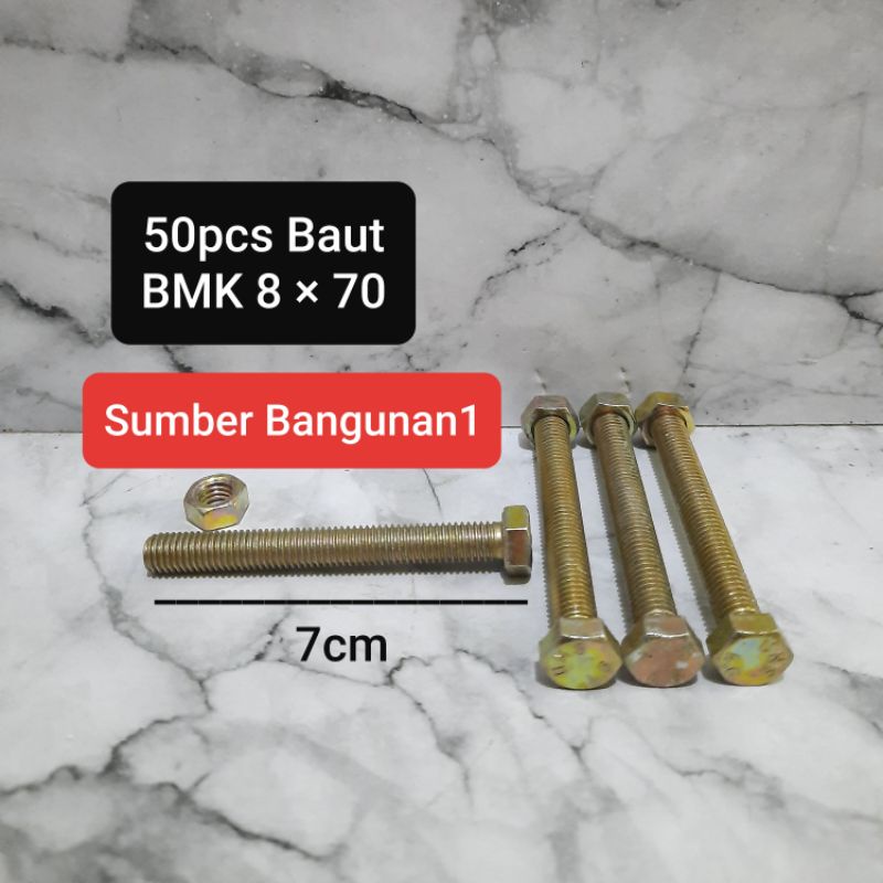 Baut BMK 8 x 70 (50pcs) mur kuning M8 baut 8x70 kunci ring pas 12 panjang 7cm