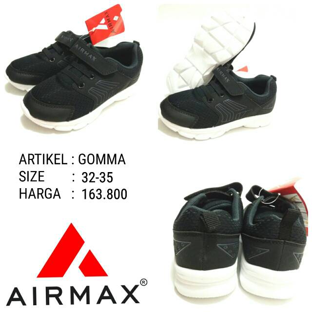 SEPATU SEKOLAH ANAK TK UNISEX BLACK WHITE AIRMAX GOMMA 32-35