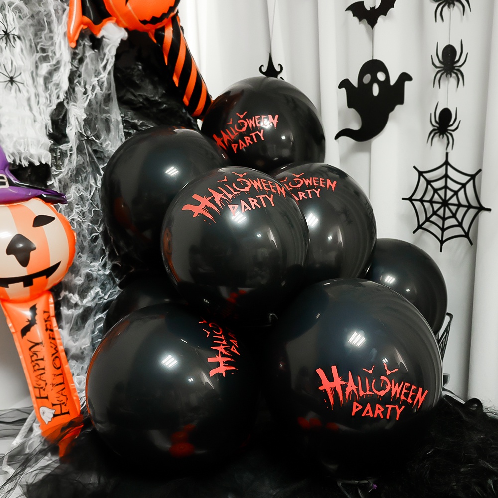 10pcs Balon Latex Motif Print Halloween Warna Hitam Untuk Dekorasi Pesta