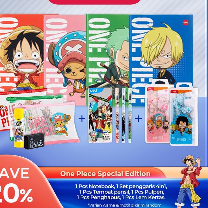 

TERBARU Bundle One Piece 6in1 / Notebook, Set penggaris 4in1, Tempat pensil, Pulpen, Penghapus, Lem Kertas ORD**