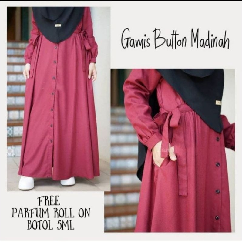 (FREE PARFUM#3)Gamis button Hidup Madinah brandاجتهد bahan katun Madinah impor