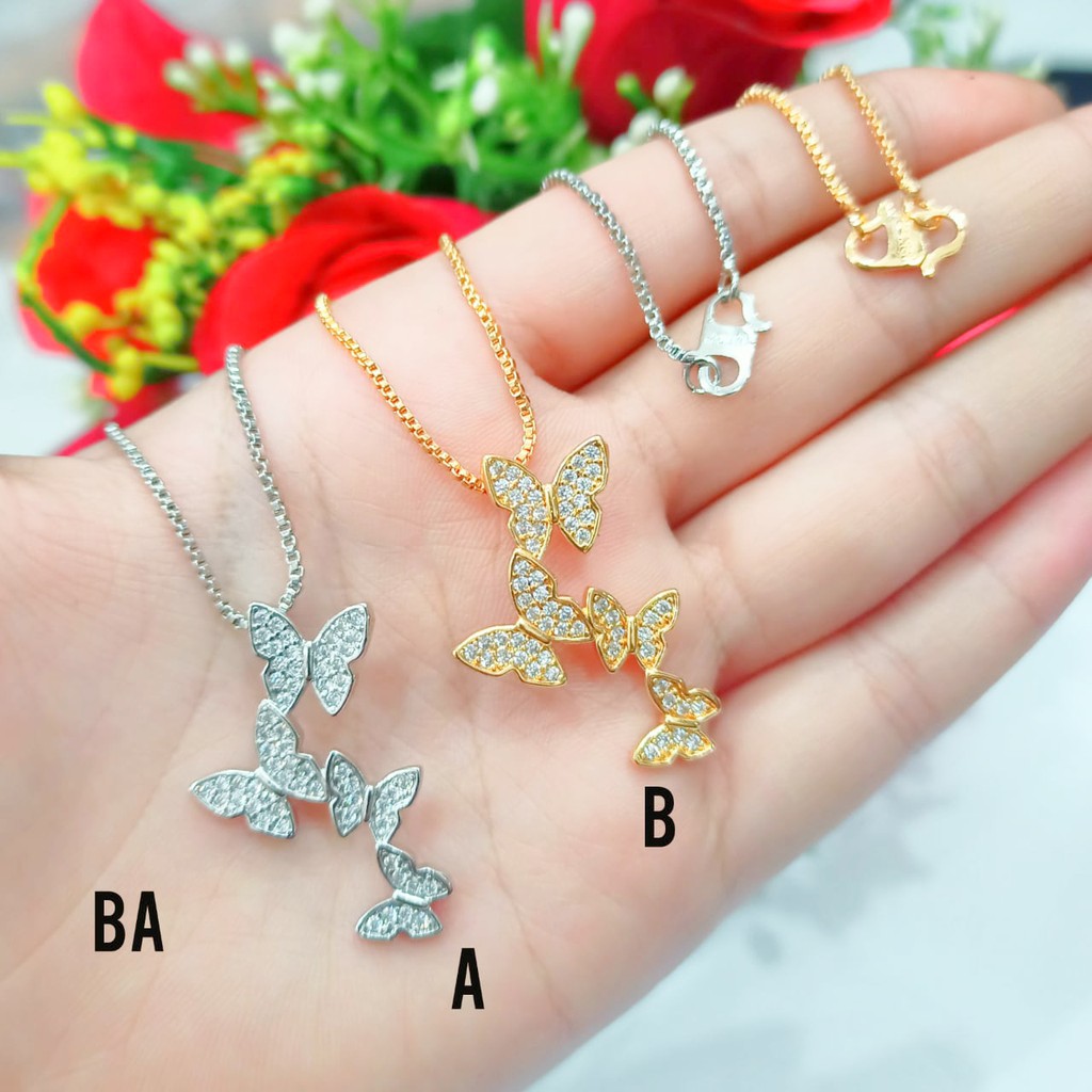 Kalung Titanium Dewasa Permata Zircon Motif Kupu-kupu Deret Perhiasan Wanita Gold dan Silver