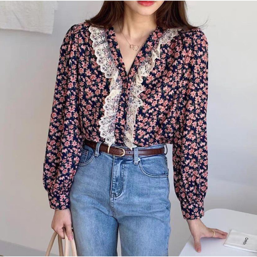 Korean Long Sleeves Floral V-neck Ruffle Blouse / Atasan Baju Wanita Motif Bunga Kerah V dengan Rempel 11E