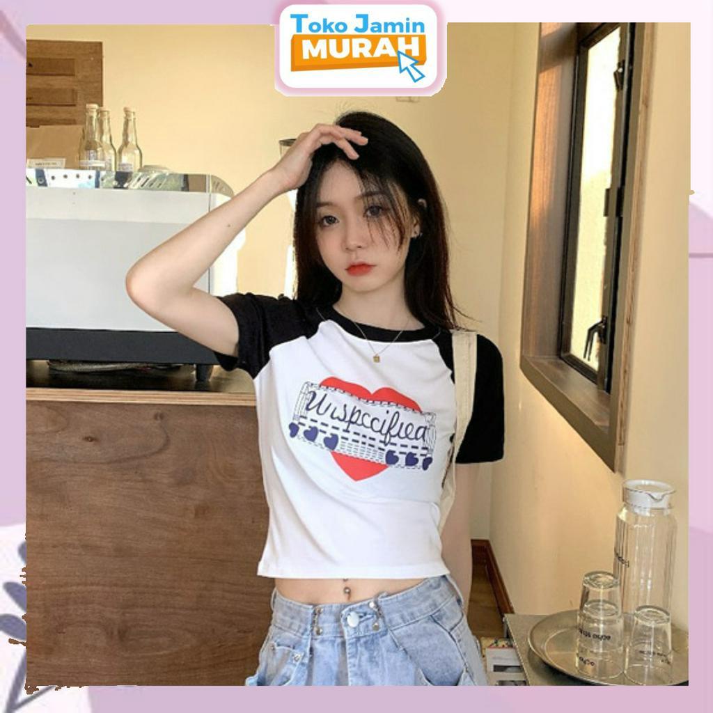 TJM BJ389 Kaos Pendek Wanita Baju Atasan Crop Top Ketat Print Huruf Retro