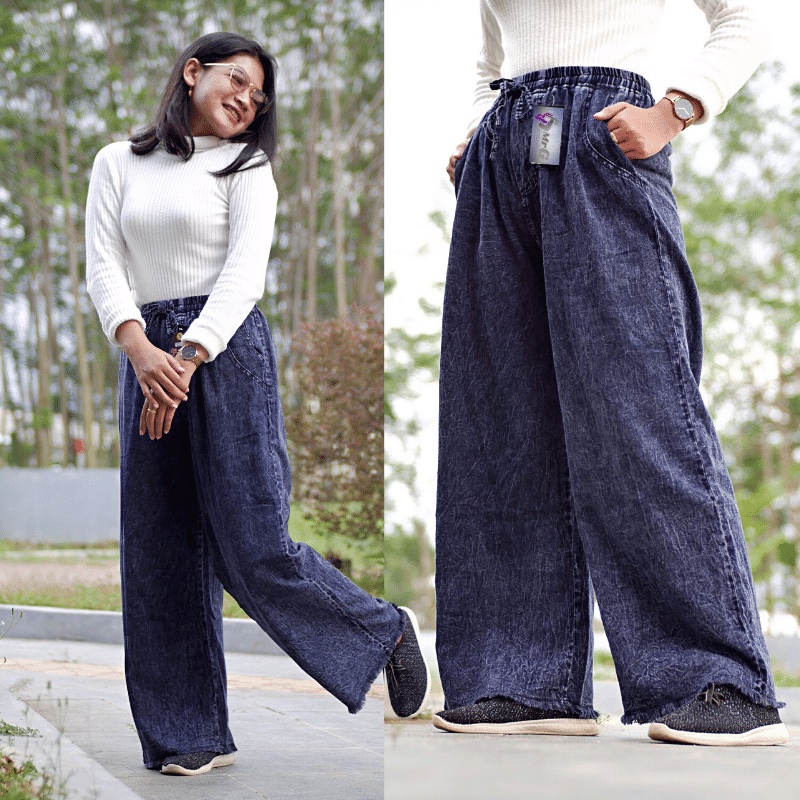 Celana Kulot Jeans Wanita Highwaist Loose Allsize Terlaris-HITAM tali rawis