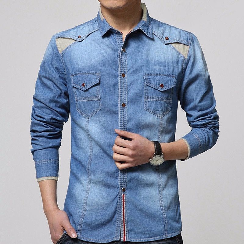 KEMEJA DENIM JEANS PRIA SLIMFIT LENGAN PANJANG HEM AXTON COWOK PREMIUM