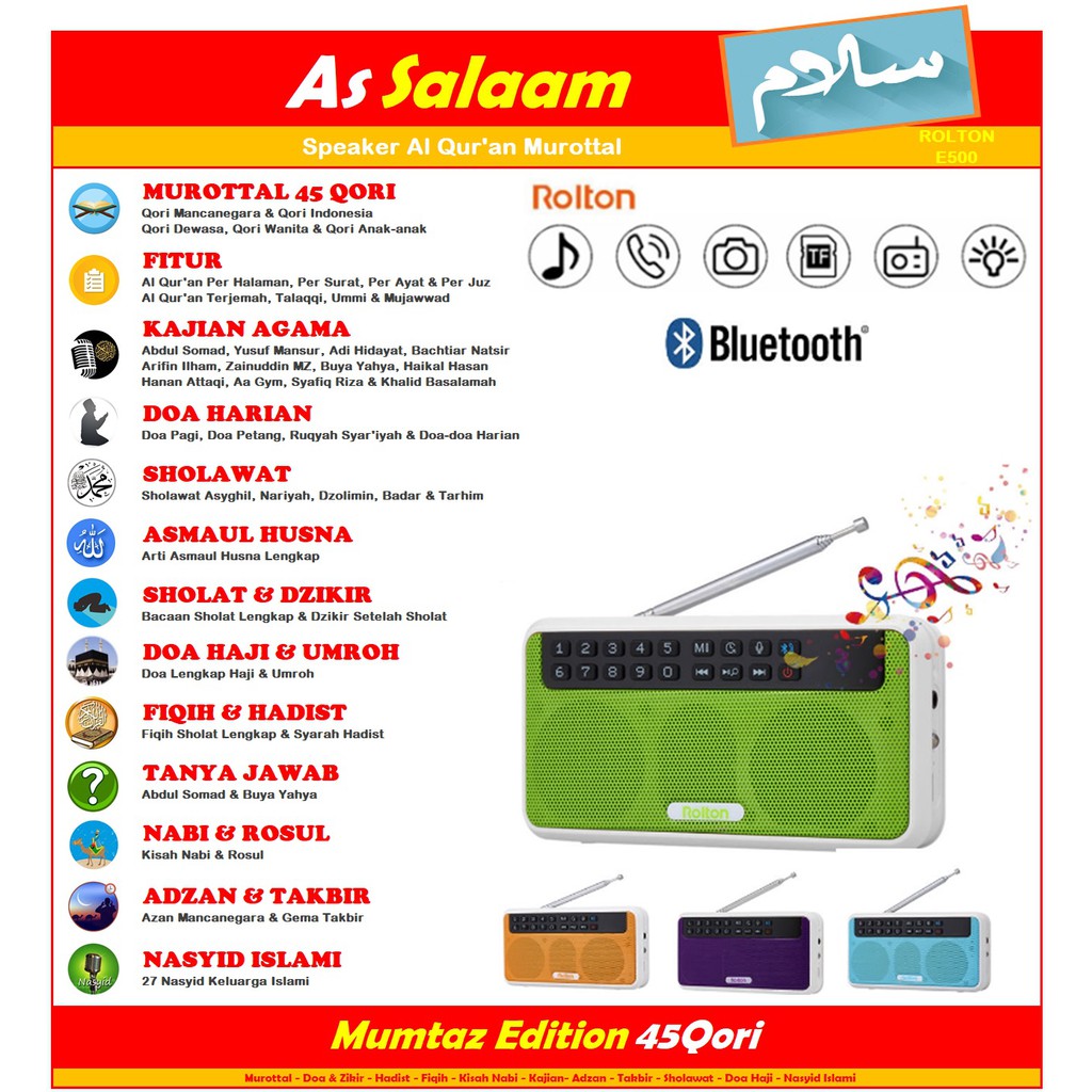 Rolton E500 Speaker Murottal AlQuran 45 Qori per juz halaman surah ayat doa haji umroh ceramah somad