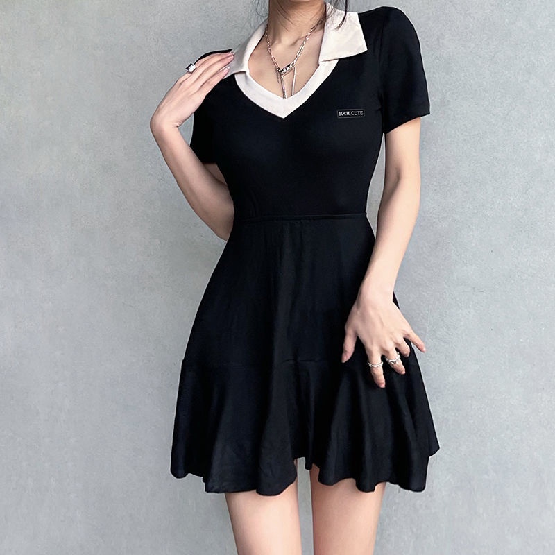 BIIKPIIK Warna Kontras Polo Kerah Pinggang Slim Lengan Pendek Rok Lipit Baru Busana Sederhana Semua